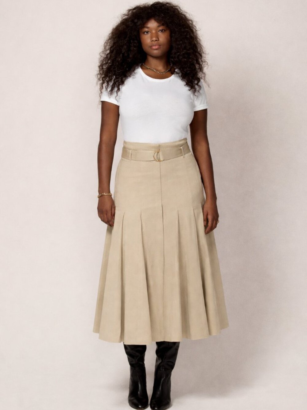 Another Tomorrow Drop-Waist Pleated Khaki Midi Skirt - Picture 3 of 13